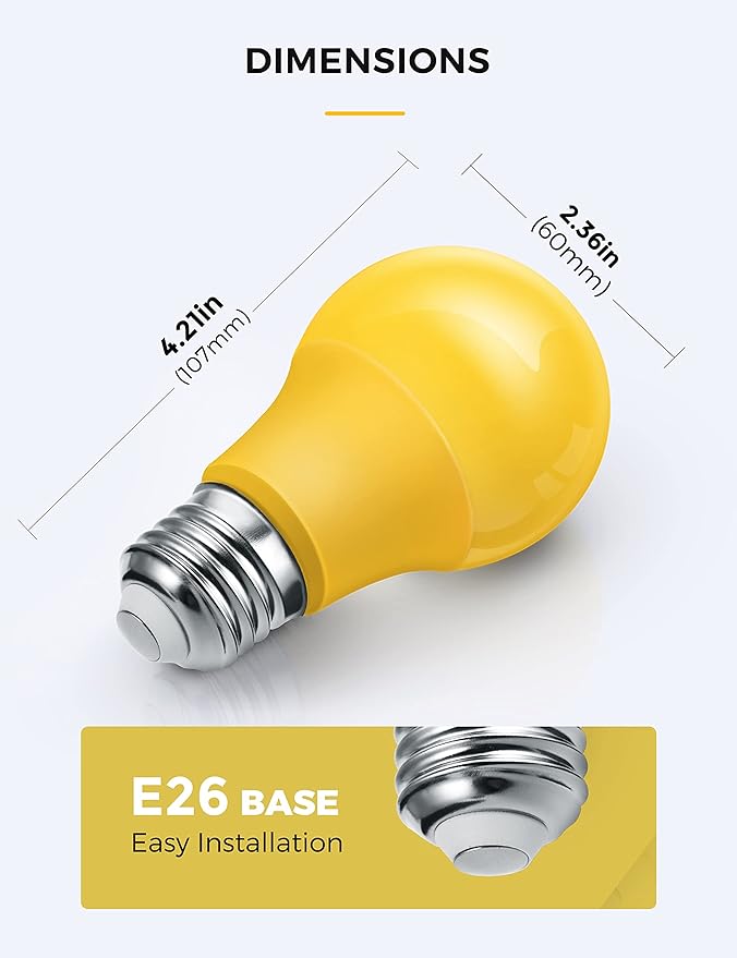 L LOHAS LED Yellow Bug Light Bulbs Outdoor, A19 9W Bug Lights for Outside, 60W Equivalent, 2000K Amber Porch Light Bulb, Non-Attracting, E26 Base, Not-Dimmable, Ideal for Patio, Deck, Backyard, 2 Pack