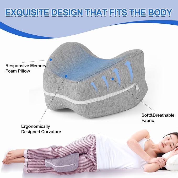 Knee and Leg Memory Foam Pillow for Side Sleepers, Ergonomic Support for Back, Hips, Knees, Joints, Nerves and Muscle Discomfort Relief (Gray)