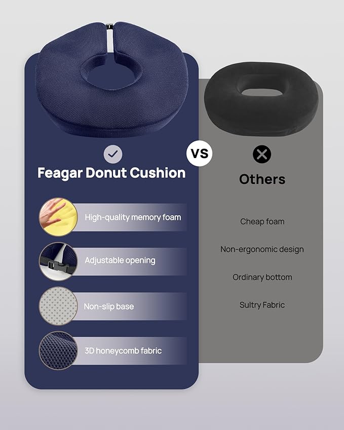 Feagar Donut Pillow Seat Cushion, X Large Memory Foam Hemorrhoid Pillow for Tailbone Pain, Sciatica & Pressure Sores Relief, Adjustable Design for Pregnancy, Postpartum, Surgery Recovery, Office Chair