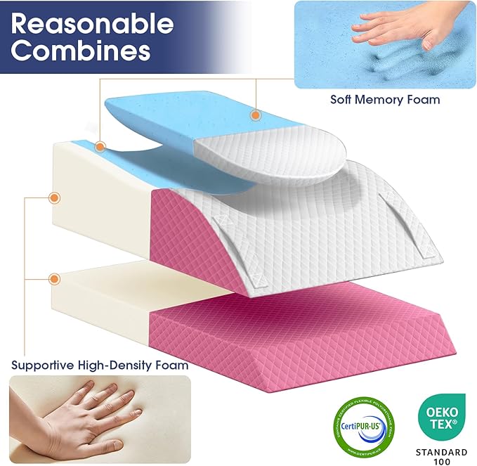 Leg Pillow, Leg Elevation Pillow with Pad and Memory Foam, Height Adjustable Bolster Pillow for Legs, Leg Pillow Elevation Blood Circulation, for Post-Surgery, Pink & White