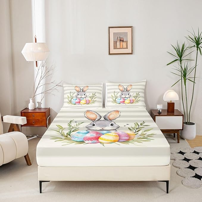 Kawaii Rabbit Bed Sheet Twin Size Easter Egg Plant Animal Bedding Set Happy Easter Cartoon Fitted Sheet Kids Boys Girls Room Decor Beige Gray Soft Sheets with 1 Pillowcase,No Top Flat