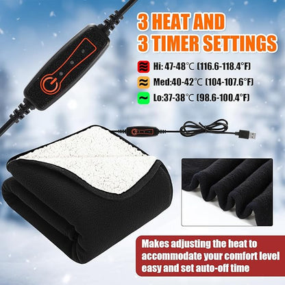 Tuanse 2 Pcs USB Heated Blanket 25"x35" Small Portable 5v 3 Setting Electric Blanket with Timer and Temperature Controller Winter Wearable Recharge Throw for Travel Home(Black)