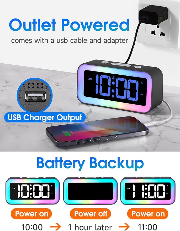 Cadmos Loud Alarm Clock for Bedrooms with Dynamic RGB Night Light,Heavy Sleepers Adults,Dual Alarm,Dimmer,USB Charger,Small Bedside Digital Clock with Led Display for Kids,Teens (Silver Gray)