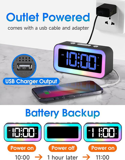 Cadmos Loud Alarm Clock for Bedrooms with Dynamic RGB Night Light,Heavy Sleepers Adults,Dual Alarm,Dimmer,USB Charger,Small Bedside Digital Clock with Led Display for Kids,Teens (Silver Gray)