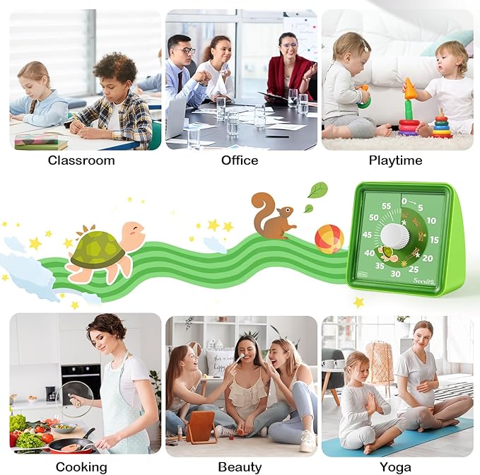 Secura 60-Minute Visual Countdown Timer for Kids & Adults, Classroom Time Management Tool (Green & Green)