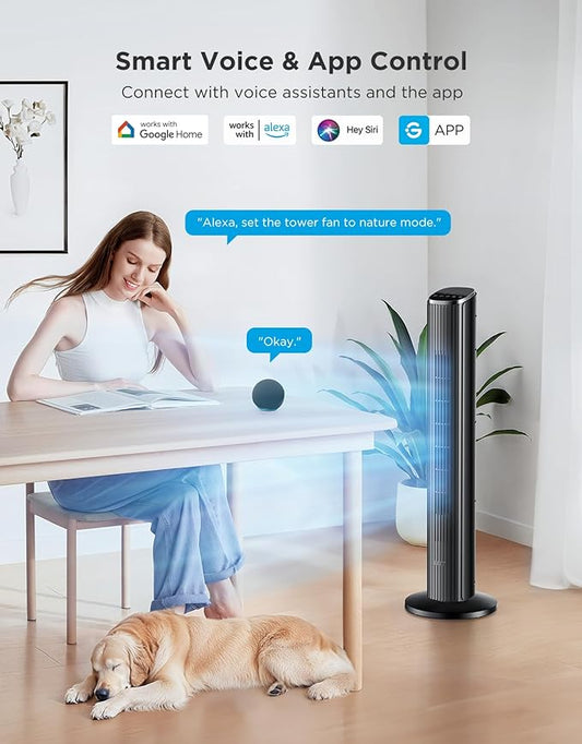 GoveeLife Black Tower Fan for Bedroom, 36" Smart Floor Fan with App/Voice Control, Temperature Sensor, 5 Modes 8 Speeds(25ft/s), 29dB Quiet Oscillating Fan for Office, 24H Timer, Auto Cooling