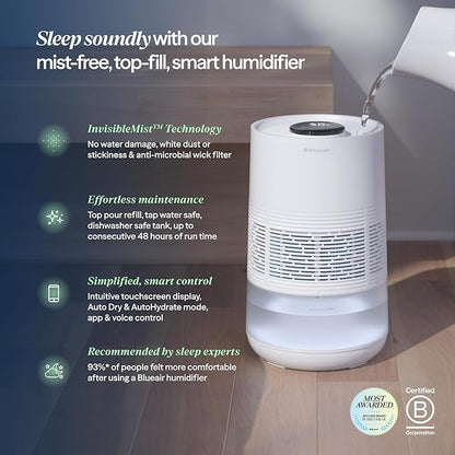 BLUEAIR Premium Smart Humidifier for Large Rooms, Bedrooms, Better Sleep with Evaporative Invisible Mist Tech, Auto Humidify, Easy Top Fill, Smart Control with App, Touchscreen, 3.5L Tank for 48 hours