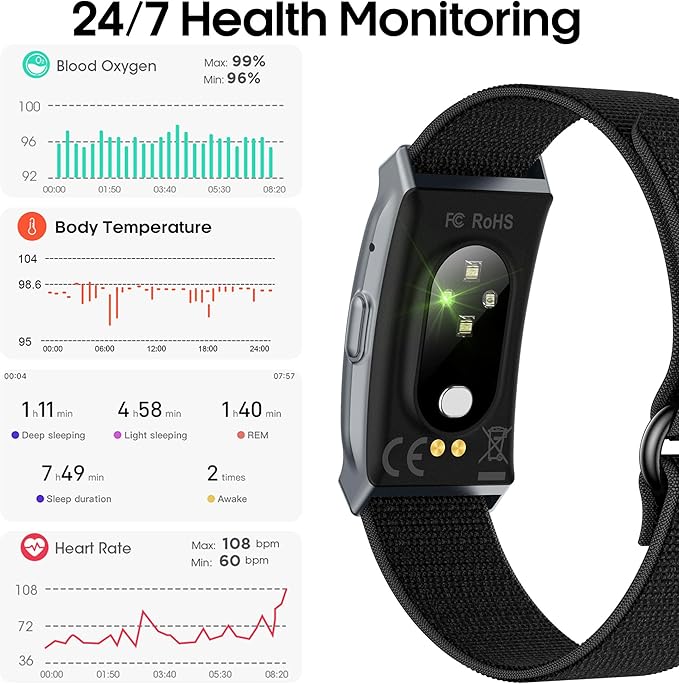 Smart Bracelet for Men Women, Smart Health Wristband with 24/7 Heart Rate/Blood Oxygen/Sleep/Body Temperature Monitor, IP68 Waterproof, 170+ Sports Modes (Black)