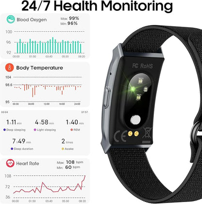 Smart Bracelet for Men Women, Smart Health Wristband with 24/7 Heart Rate/Blood Oxygen/Sleep/Body Temperature Monitor, IP68 Waterproof, 170+ Sports Modes (Black)