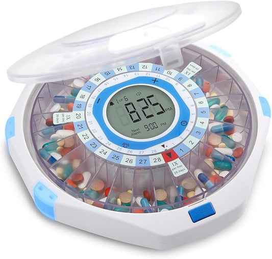 LiveFine WiFi Automatic Pill Dispenser and Remote Medication Monitoring System with Locking Key, 28-Day Medication Organizer Up To 9 Doses Per, Adjustable Light/Sound Alarms For Prescriptions & Vitami