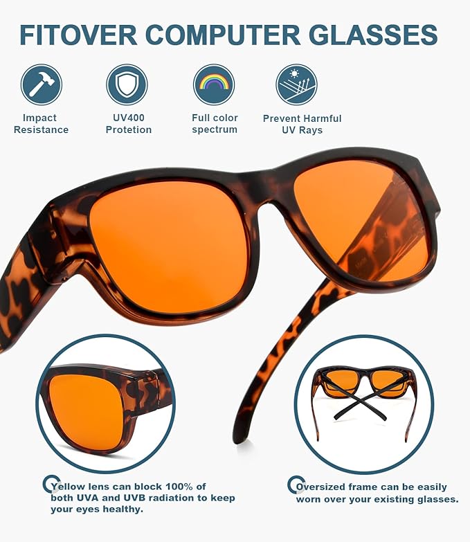 BLUELESS Fits Over Computer Eyeglasses with Orange Tinted Sleep Glasses, Tortoise