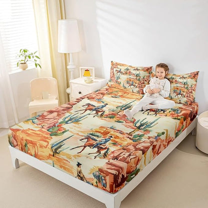 Manfei Western Cowboy Bed Sheets Queen Size,Cactus Desert Southwest Country Bedding Set, Boho Rustic Farmhouse Boys Girls Room Decor,Orange Green Sheet(Fitted+Flat+2 Pillowcases)
