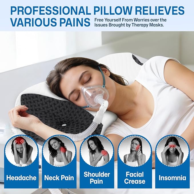 CPAP Pillow for Side & Back Sleepers - Mask Compatible Contour Design to Reduce Leaks, Breathable Memory Foam Pillow with Ergonomic Support & Hose-Friendly Cutouts for Comfortable Sleep, Black