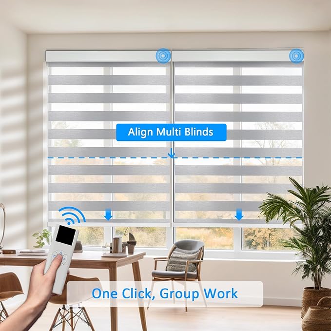 Motorized Zebra Blinds for Windows Cordless Electric Curtains with Remote Control Blackout Shades Custom Smart Blinds Compatible with Alexa Google Home(Light Filtering Grey,Custom)