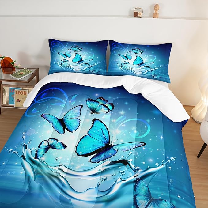 Fantasy Blue Butterfly Comforter Set King Size,Butterflies on Water Flash Bedding Sets 3 Pieces,Blue Series Aesthetic Bedding for Kids Girls Boys Room Decor with 2 Pillowcases.