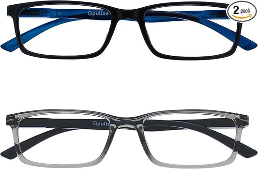 OPULIZE SEE Blue Light Blocking Glasses for Women Men, Narrow Frame with Spring Hinges, Computer Gaming Glasses, Black Grey +0 (Pack of 2)