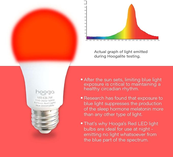 Hooga Sleep Light Bulb - Blue Light Blocking Red Night Light, 625nm for Healthy Sleep - Baby Nursery, 7W LED, 45W Replacement Single