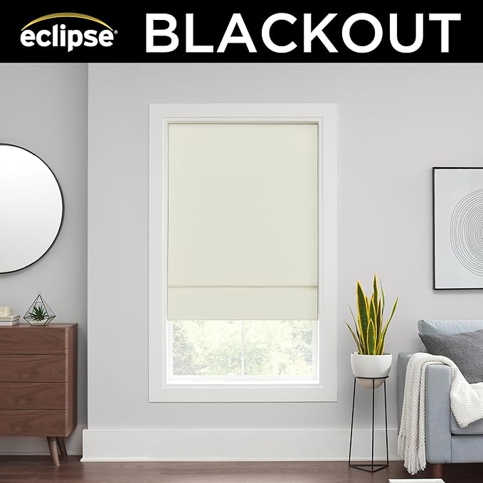 Eclipse Kylie 100% Blackout Window Roman Shade, 23 in Wide x 64 in Long, Cordless, Thermal and Noise Reducing Interior Shade Window Treatment for Home Privacy & Energy-Efficiency, Ivory