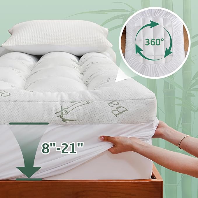 DOWNCOOL 3 Inch Full Mattress Topper – Cooling Memory Foam Mattress Topper for Back Pain Relief, Breathable Bamboo Viscose Air Layer, 1700 GSM Fill, Deep Pocket Fits 8–21 Inch
