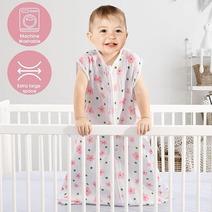 2 Pack Baby Sleep Sack 12-18 Months 100% Organic Cotton Muslin Baby Sleeping Bag 2-Way Zipper Wearable Blankets (Flower & Cherry, Large)