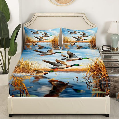 Mallard Duck Kids Fitted Sheet Twin Size,Hunting Fishing Cabin Farmhouse Bedding Set,Boys Girls Room Decor,Wild Bird Rustic Animal Bed Cover,Blue Yellow Bed Sheet,1 Pillowcase
