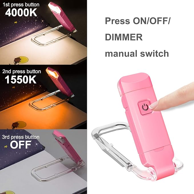 BIGLIGHT Amber Book Reading Light, LED Clip on Book Lights, Reading Lights for Books in Bed, Small Book Light for Kids, USB Rechargeable, 2 Brightness Adjustable for Eye Protection, Pink