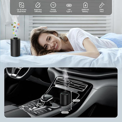 Waterless Essential Oil Diffuser Battery Operated Cordless Aromatherapy Diffuser with Timing & 3 Mist Levels car Diffuser，Black Aluminum Alloy (E10-2A)