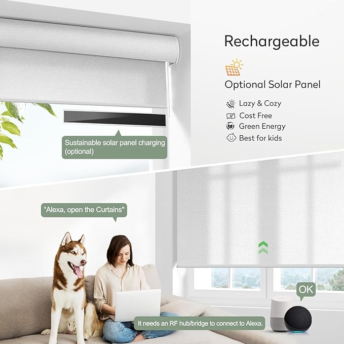 ZSHINE Motorized Window Blinds Over-Size Customize Width (21-114 Inches) Remote Control Wireless and Rechargeable Motor Roller Shades Blinds for Windows(Light Filtering White 82086W)