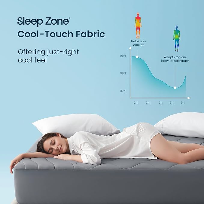 Sleep Zone Cooling Mattress Pad Queen, Support Mattress Topper, Breathable and Soft Mattress Protector, Deep Pocket Bed Cover, Machine Washable (Dark Grey, Queen)