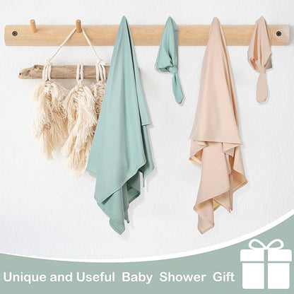 JaGely 2 Pcs Stretchy Baby Swaddle Blankets Set Extra Soft 47" x 47" Baby Newborn Swaddle Blanket and Hat(Green, Apricot)