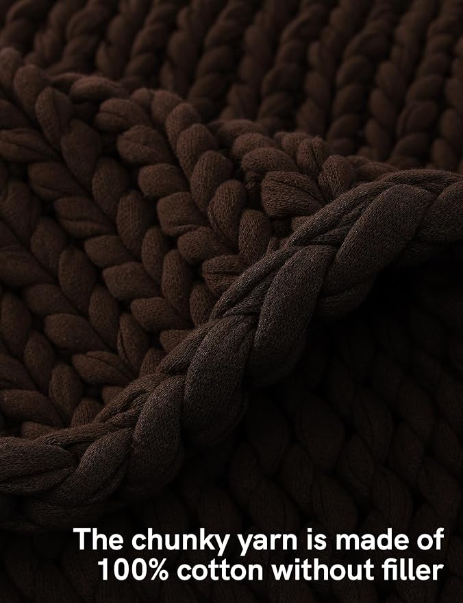 YnM Cotton Weighted Blanket, Handmade Chunky Knitted Design, Soft and Cozy, Temperature Regulating and Breathable, Machine Washable Throw for Sleep or Home Decor (Chocolate Brown, 60x80 Inch, 25lbs)