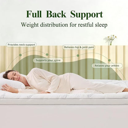 Memory Foam Mattress Topper - Viscose Made from Bamboo Pillow Top Thick Full Size Mattress Pad for Back Pain, Ultra Soft & Cooling for Hot Sleepers, 6-18'' Deep Pocket, White