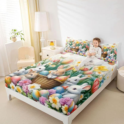 Kawaii Rabbits Fitted Sheet Queen Size Spring Easter Bunny Flower Bedding Set for Kids Bedroom Tulip Easter Egg Floral Bed Sheet Set 3pcs Colorful Deep Pocket Mattress Cover,No Top Flat