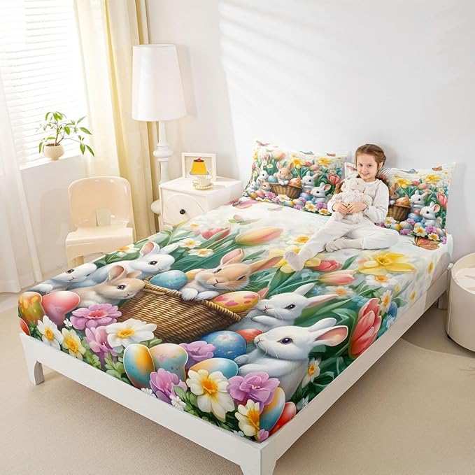 Kawaii Rabbits Fitted Sheet Twin Size Spring Easter Bunny Flower Bedding Set for Kids Bedroom Tulip Easter Egg Floral Bed Sheet Set 2pcs Colorful Deep Pocket Mattress Cover,No Top Flat