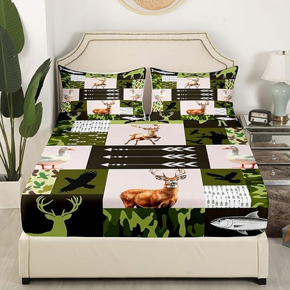 Cabin Deer Kids Fitted Sheet Twin Size,Hunt Arrows Geometric Camo Grids Bedding Set,Boys Girls Room Decor,Duck Bass Fish Sealife Wild Animal Rustic Bed Cover,Green Bed Sheet,1 Pillowcase,No Top Sheet