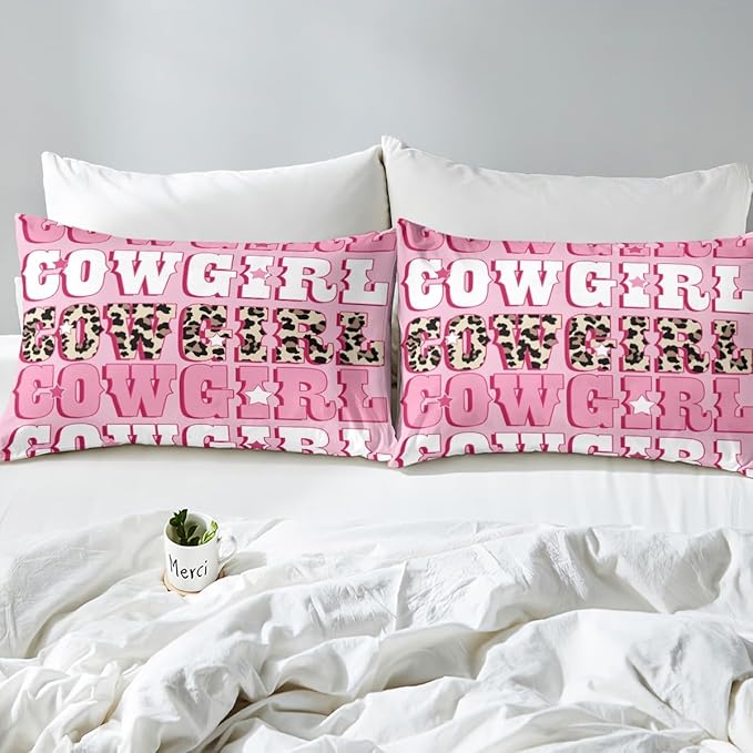 Western Cowgirl Fitted Sheet Queen Size Rustic Brown Leopard Fur Print Bedding Sheet Set,Tribal Cowgirl Texas Star Pink White Bed Cover Ultra Soft Breathable Bedding 3 Pcs