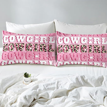 Western Cowgirl Fitted Sheet Queen Size Rustic Brown Leopard Fur Print Bedding Sheet Set,Tribal Cowgirl Texas Star Pink White Bed Cover Ultra Soft Breathable Bedding 3 Pcs