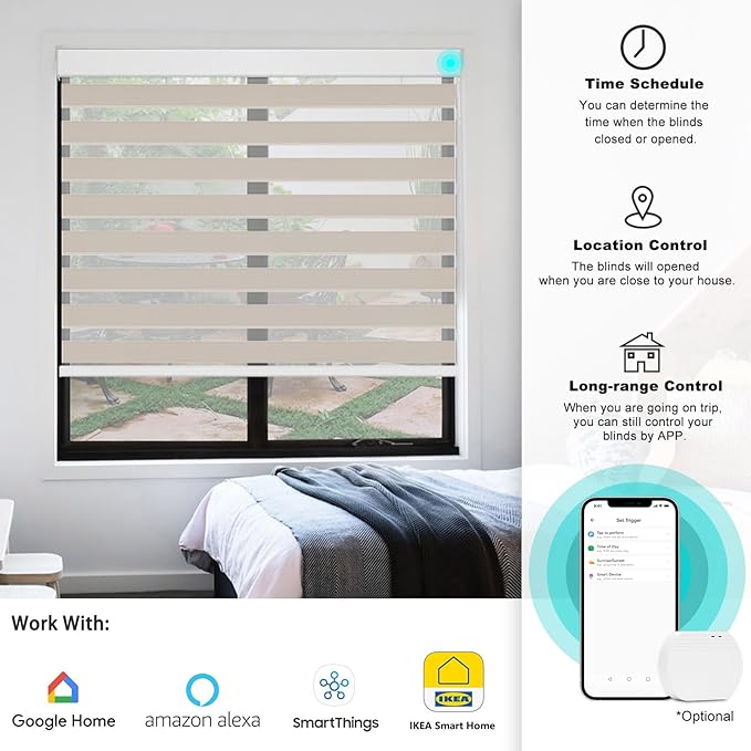 Changshade Auto Blinds Electric Motorized Window Shades Work with Alexa, Google Home, Apple Homekit, Automatic Blackout Blinds for Indoor Windows Remote Control, Custom Zebra Roller Shades, Beige