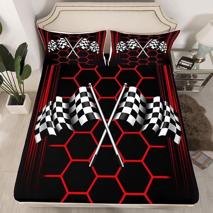 Extreme Sports Theme Fitted Sheet Queen Size,Checkered Flag Soft Bed Cover(1 Fitted Sheet+1 Pillow Case),Red Honeycomb Geometric Breathable Mattress Cover No Flat Sheet