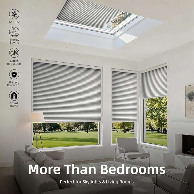 ZSTARR Motorized Skylight Shades Blackout Cellular Honeycomb Electric Blinds with Solar Panel Cordless Rechargeable with Remote for Roof and Slanted Windows Custom Size (Stone Grey)