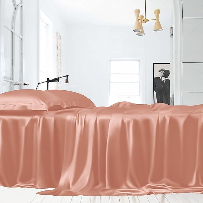 LINENWALAS King Flat Sheet Only - Rayon Derived from Bamboo Silk Bed Sheet, Premium Breathable Cooling Sheet, Soft Top Sheet (King, Rose Gold)