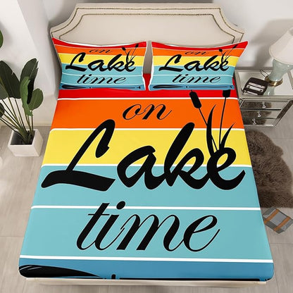 Lake Time Kids Fitted Sheet Full Size,Camping Lake House Fishing Rustic Cabin Bedding Set,Boys Girls Room Decor,Geometric Stripes Patch Bed Cover,Colorful Bed Sheet,2 Pillowcases(No Top Sheet)