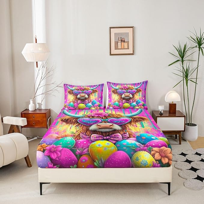 Highland Cattle Fitted Sheet Full Size Funny Animal Happy Easter Bedding Set for Kids Bedroom Cartoon Funny Animal Bed Sheet Set 3pcs Purple Colorful Deep Pocket Mattress Cover,No Top Flat