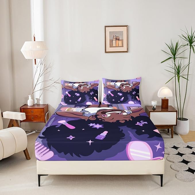 Black Princess Girl Bed Sheets Queen Size,African American Cartoon Cosmetic Bedding Set, Star Magical Cute Y2K Chic Boys Girls Room Decor,Purple Sheet(Fitted+Flat+2 Pillowcases)