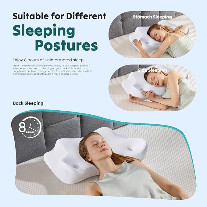 DUMOS Cervical Neck Pillow for Sleeping, Cooling Ergonomic Memory Foam Pillow with Arm Rest Slot and Ice Silk Pillowcase, Dual Height Orthopedic Support Contour for Side, Back, Stomach Sleepers