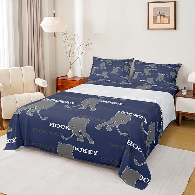 Manfei Hockey Players Bed Sheets Twin Size, Easy Wash Bedding Set,Competitive Games Teamwork Kids Room Decor,Dark Blue Gray Sheet(Fitted+Flat+1 Pillowcase)