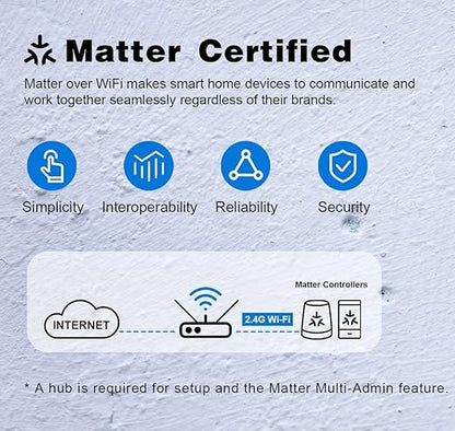 Smart Switch with Matter, Connected Wall Switch for Apple Home, Google Home, SmartThings, Single Pole, NOT for Alexa, UL-Certified, White,10A, 2-Pack