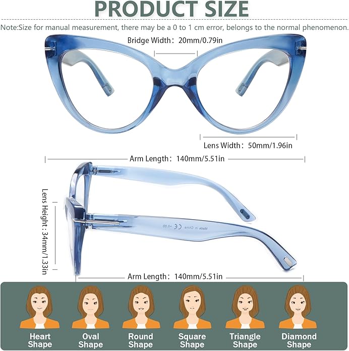 6 Pack Fashion Cat Eye Reading Glasses for Women Blue Light Blocking Oversized Spring Hinges Computer Readers