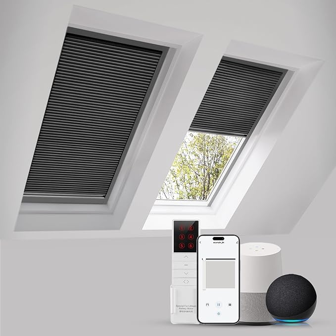 ZSTARR Motorized Skylight Shades Blackout Cellular Honeycomb Electric Blinds with Solar Panel Cordless Rechargeable with Remote for Roof and Slanted Windows Custom Size (Black Out Black)