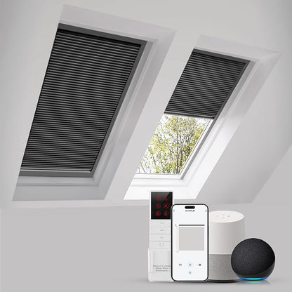 ZSTARR Motorized Skylight Shades Blackout Cellular Honeycomb Electric Blinds with Solar Panel Cordless Rechargeable with Remote for Roof and Slanted Windows Custom Size (Black Out Black)